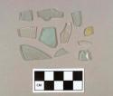 Seven fragments of aqua flat glass; two fragments of colorless flat glass; one fragment of aqua bottle glass; one fragment of colorless bottle glass