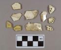 Two Staffordshire slipware body sherds; 43 creamware body sherds; one molded creamware rim sherd; four creamware body sherds with drilled holes, possible collander
