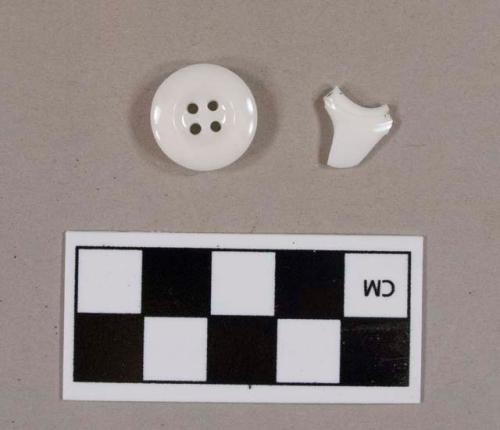 Button, porcelain, Prosser button; four hole, white; and porcelain, rim sherd, white