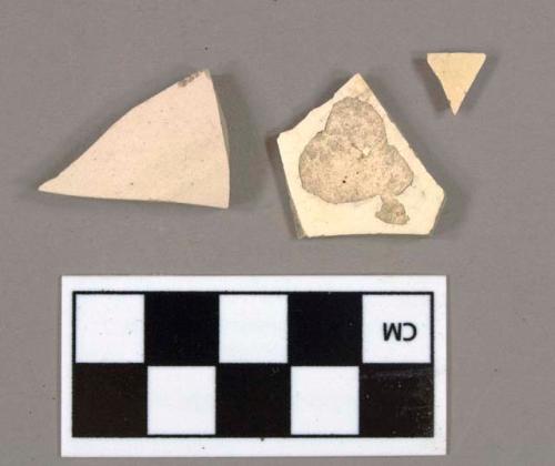 One whiteware body sherd; one creamware body sherd; one white salt glazed stoneware body sherd