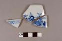 Blue on white hand-painted Chinese export porcelain (figure, trees, and floral motif), 2 rim fragments and 1 body fragment, all crossmend