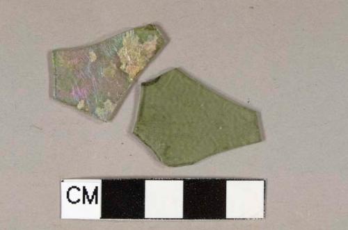 Light olive green flat glass fragments, slight patina on one, possible case bottle body portions