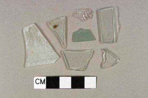 Three fragments of colorless bottle glass; seven fragments of colorless flat glass; 103 fragments of aqua flat glass