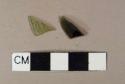 Olive green vessel glass, body fragment, 1 light olive, 1 dark olive