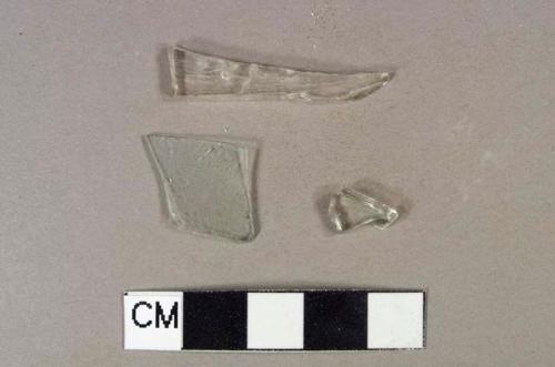 Glass vessel body fragments, undecorate, 2 colorless glass, 1 light aqua glass