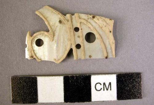 Carved shell fragment, perforations, geometric design