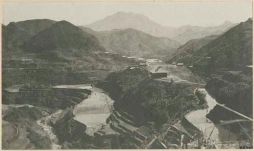 Part of Pueblo of Banawol,including Constabulary quarters, with a mountain in the background