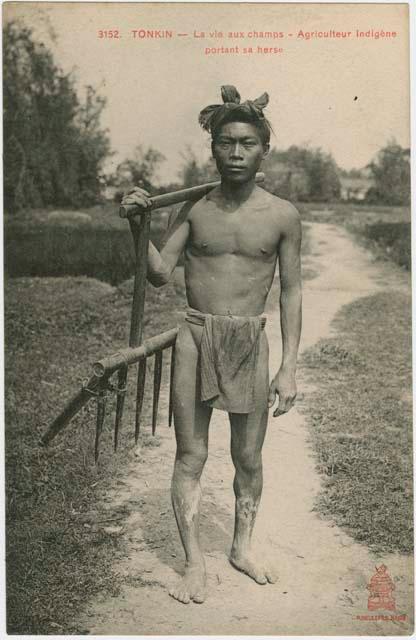 Man carrying agricultural implement