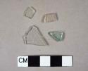 2 colorless flat glass fragments, 1 light aqua flat glass fragment, 1 colorless vessel glass body fragment