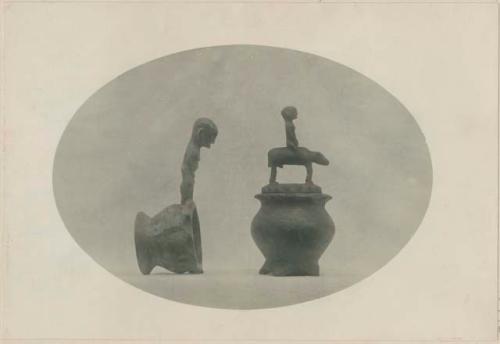 Front and side views of carved wooden bowl, with cover and handle