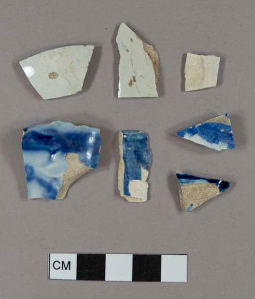 Pearlware sherds; one flow blue molded rim; one blue hand painted rim; one flow blue body sherd; one blue transfer printed body sherd