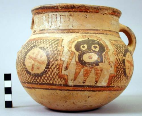 Yojoa polychrome 2-handled pottery jar, bold animalistic style.