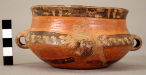 Small Yojoa polychrome pottery bowl with 4 handles - restored. Bold Geometric st