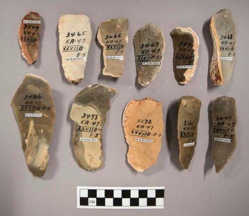 31 flint blades and flakes, some with cortex (including reddish tan, grey, brown, tan and cream colored stone