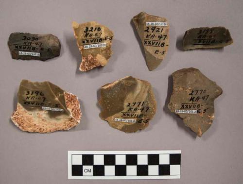 7 flint flakes, some with cortex (including brown, tan, and cream colored stone)