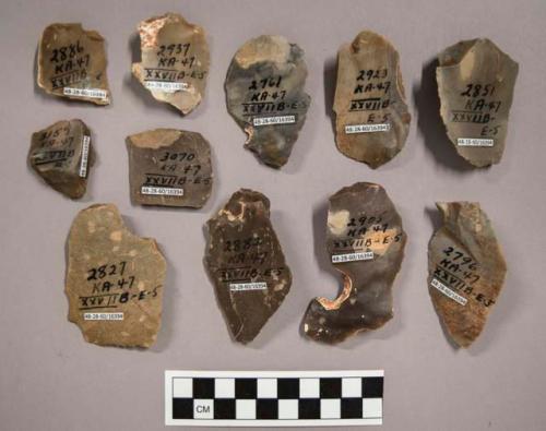 11 flint flakes, including grey, brown, cream and tan colored stone (some with cortex)