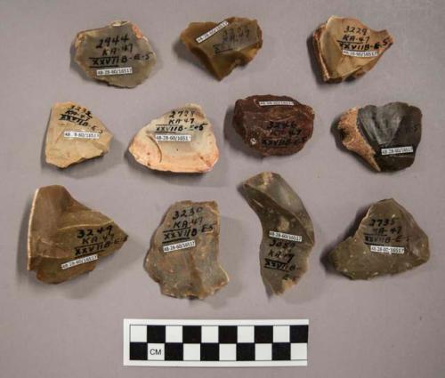 11 flint flakes, including grey, cream, brown and reddish brown colored stone (some with cortex)