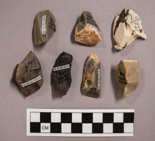 7 flint flakes, including grey, brown, black and cream colored stone (some with cortex)