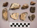 9 flint cores, including grey, cream and brown colored stone (some with cortex)