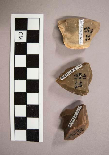 3 flint flakes, including brown and tan colored stone (1 with cortex)