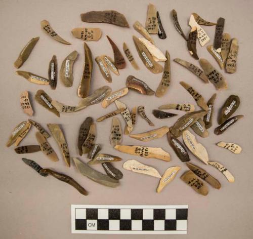 138 flint blades, including cream, brown, tan, grey, pink and red colored stone (some with cortex)