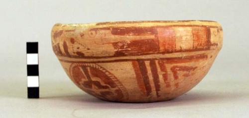 Yojoa polychrome pottery bowl, dimpled base - Bold Geometric Type (restored)