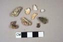 4 stone fragments, 2 clinker fragments, 1 slag frament, 1 burned bone fragment, 1 ferrous metal fragment