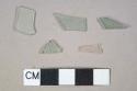 4 light aqua flat glass fragments, 1 colorless vessel glass fragment