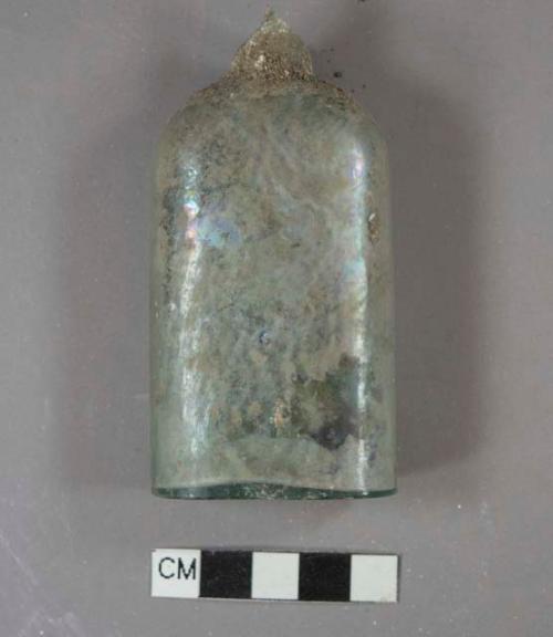 aqua medicine bottle body, mold blown, pontil scar, not embossed