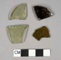 2 Light green vessel glass body fragments, 2 olive vessel glass body fragments