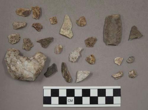 42 chips quartz and limestone; 1 chip stone; spear (arrow head) fragment; 4 frag