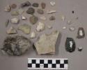 90 stone pieces & chips, 1 possible artifact; 92 pcs quartz; 6 pcs bone