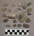 21 quartz pieces; 5 pieces unglazed pottery; 30 stone chips; fragment bone