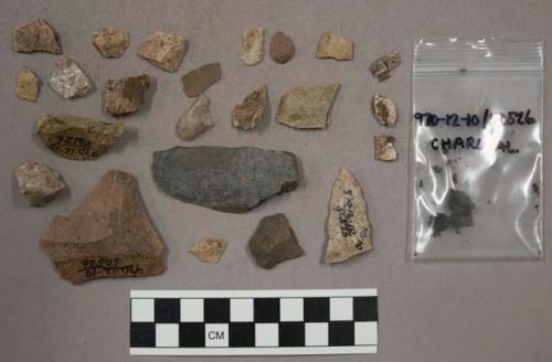 45 pieces quartz; 2 stone pieces, possibly artifacts (1 point, 1 shaley piece);