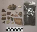 Bag charcoal; 25 pieces quartz; 10 misc. stone pieces; 64 stone chips; piece ung