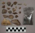 1 bag charcoal bits and dust; 3 bone fragments; 98 stone chips; 25 quartz pieces