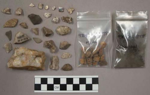 10 bone fragments; 55 quartz pieces; 36 stone pieces and chips; bag charcoal; 21