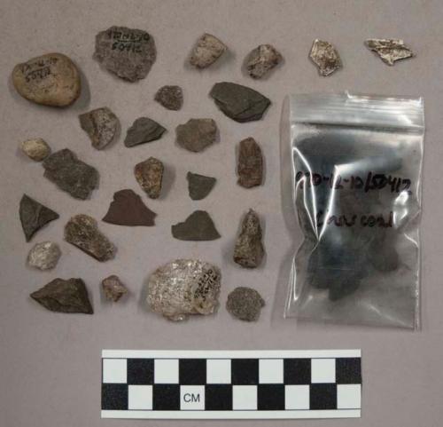 53 stone chips and flakes; 2 pieces bone (?); 22 pieces quartz; bag of charcoal