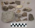 Piece bone; 122 pieces stone; 46 pieces quartz; some non-quartz