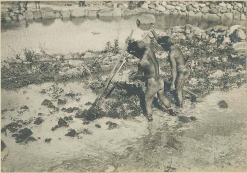 Two Igorot men preparing rice terrace for planting