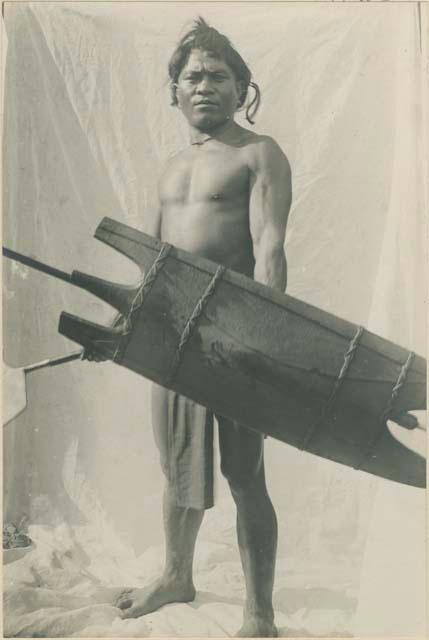 Igorot warrior posed with lance and shield