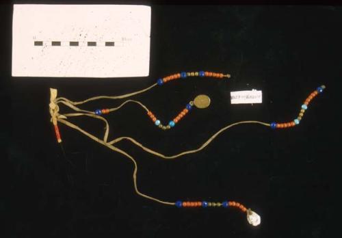 Sioux ornament. Glass beads, a shell, brass beads, and a Catholic medal strung o