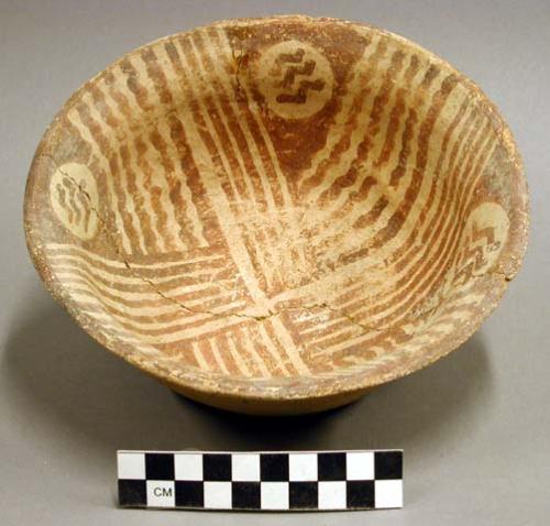 Ceramic bowl, flared rim, red on buff interior, reconstructed, 3 sherds inside