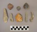 Flint, 8 flakes and blades, several with cortex, gray, blue gray, reddish tan