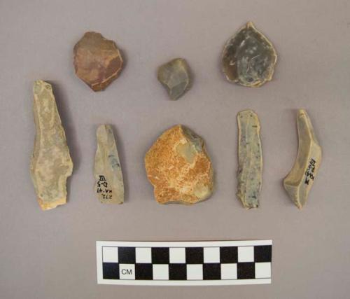 Flint, 8 flakes and blades, several with cortex, gray, blue gray, reddish tan