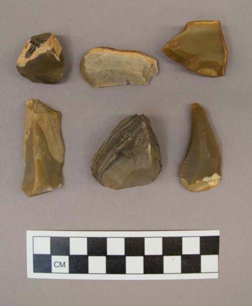 Flint, 11 flakes and blades, several with cortex, gray, tan, reddish tan, striated gray