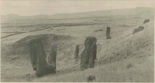 Moai on the western face of the rim of Rano Raraka