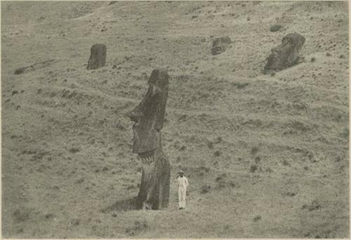 Man standing next to moai on the west face of the rim of Rano Raraka