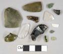7 olive green vessel glass body fragments, 3 green vessel glass body fragments, 3 colorless vessel glass fragments, 1 frosted