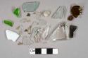Vessel glass fragments, 21 Colorless glass fragments, 2 light aqua glass fragments, 1 white milk glass fragments, 2 bright green glass fragments, 3 amber glass fragments